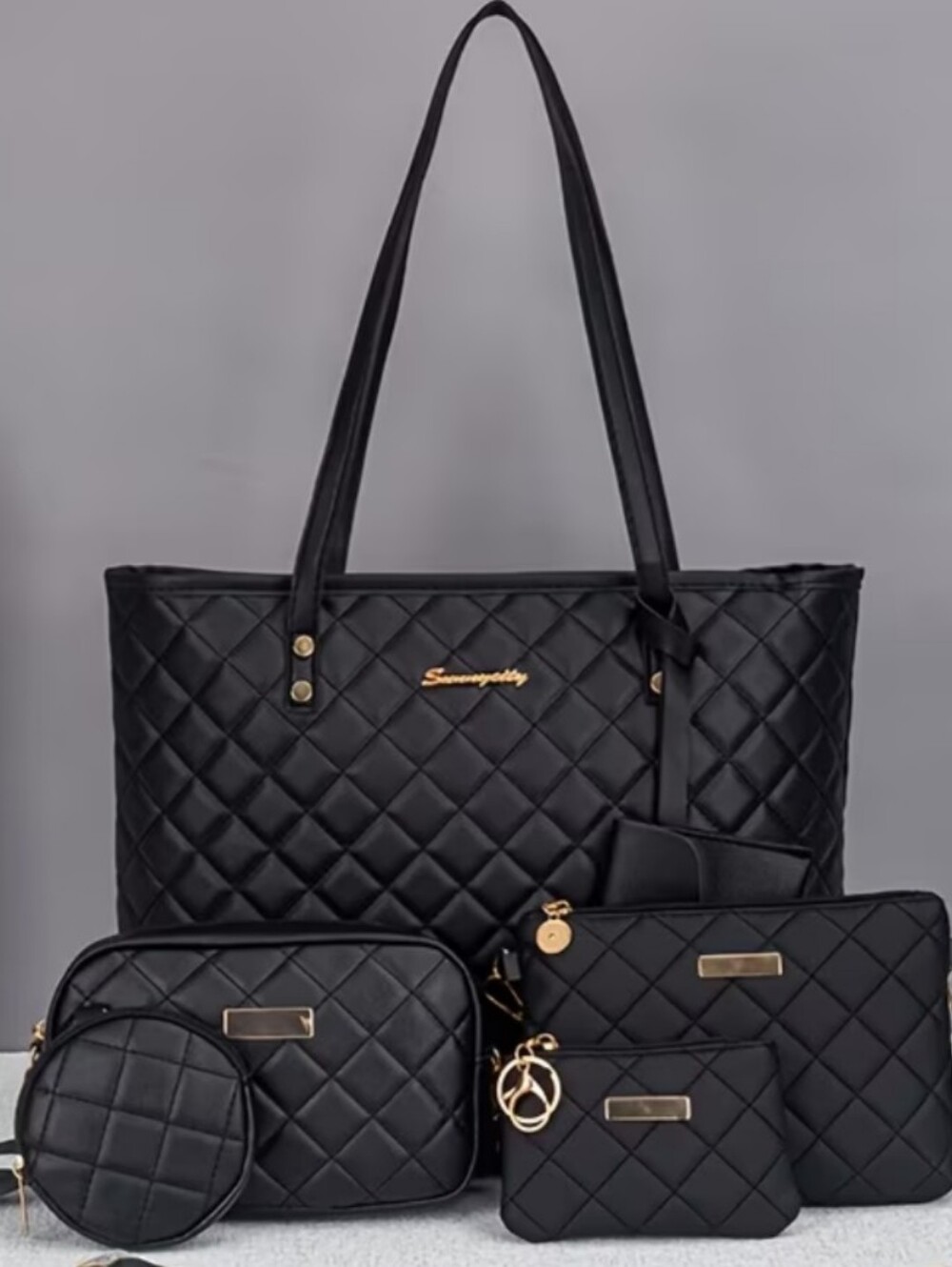 Black Quilted 6-Piece Tote Bag Set - Premium Everyday Carry